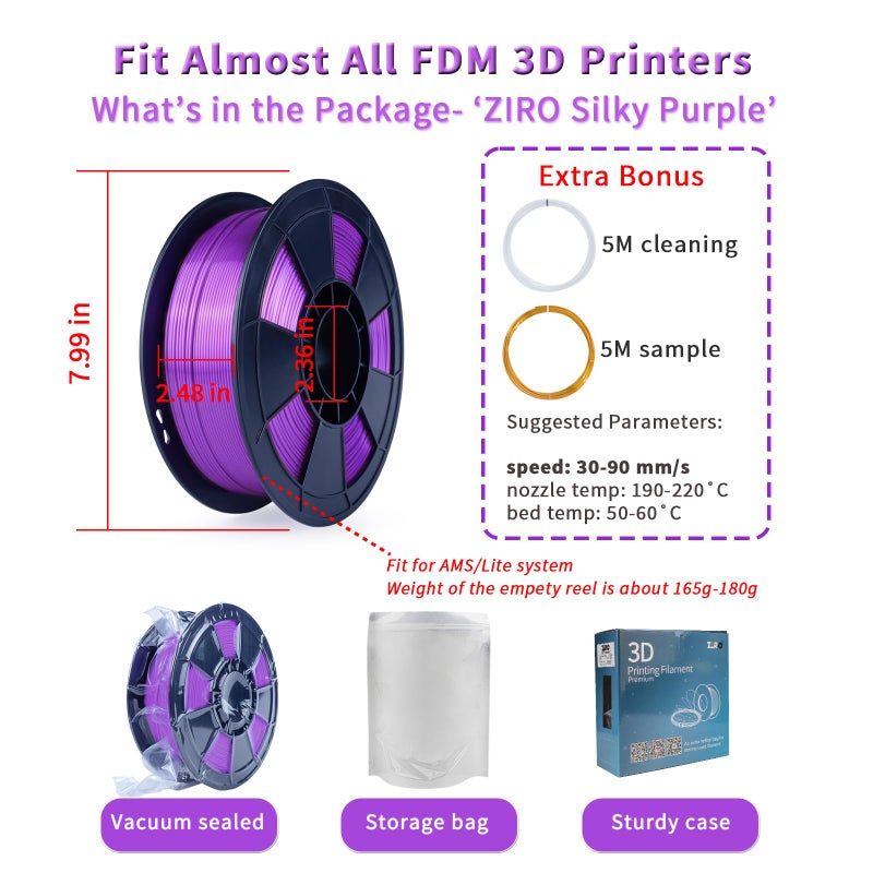 ZIRO 3D Printer Filament, Shine Glorry PLA Filament 1.75mm, Shining Silk 3D Printing Material, Fit Most Printers, Metal-Like 1KG/2.2lb Spool, Silky Purple - Image 5